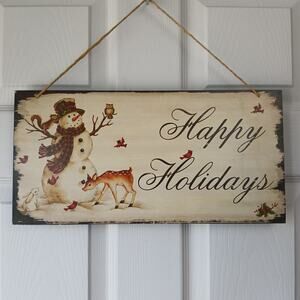 Happy Holidays Sign winter snowman with animal friends rustic door hanger